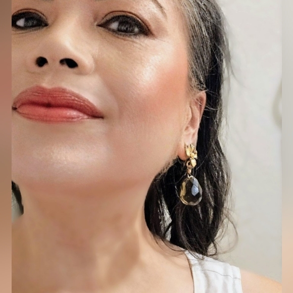 Handpainted Brown Flowers & Smoky Quartz In Chunky Artisan Gold Plated Earrings - Picture 7 of 9